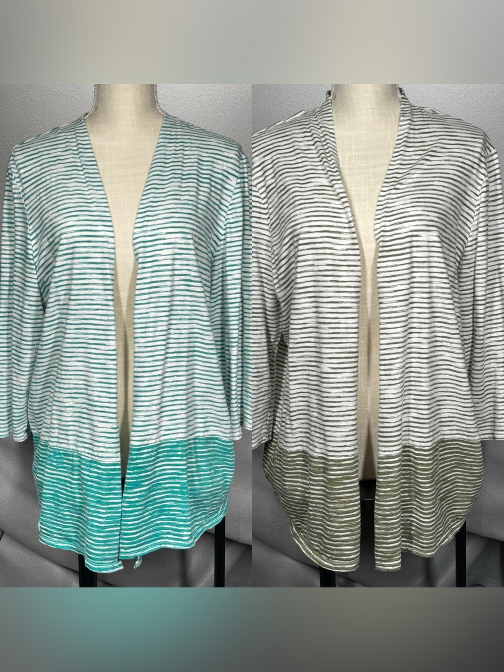 2 Chicos Open Front Cardigans Striped Teal/Olive 3/4 Sleeve 16